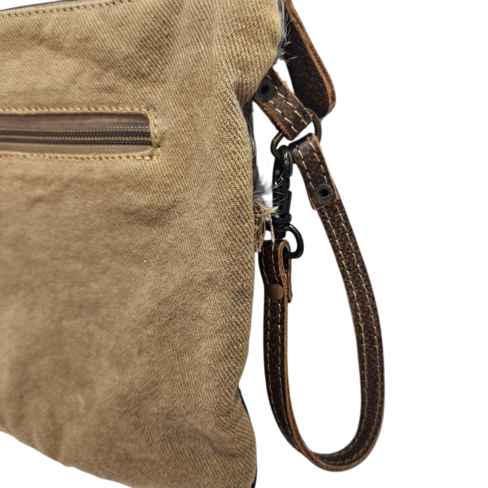 Myra Bag Crossbody Upcycled Canvas Genuine Cowhide Hair Patchwork Boho Leather - Picture 7 of 15